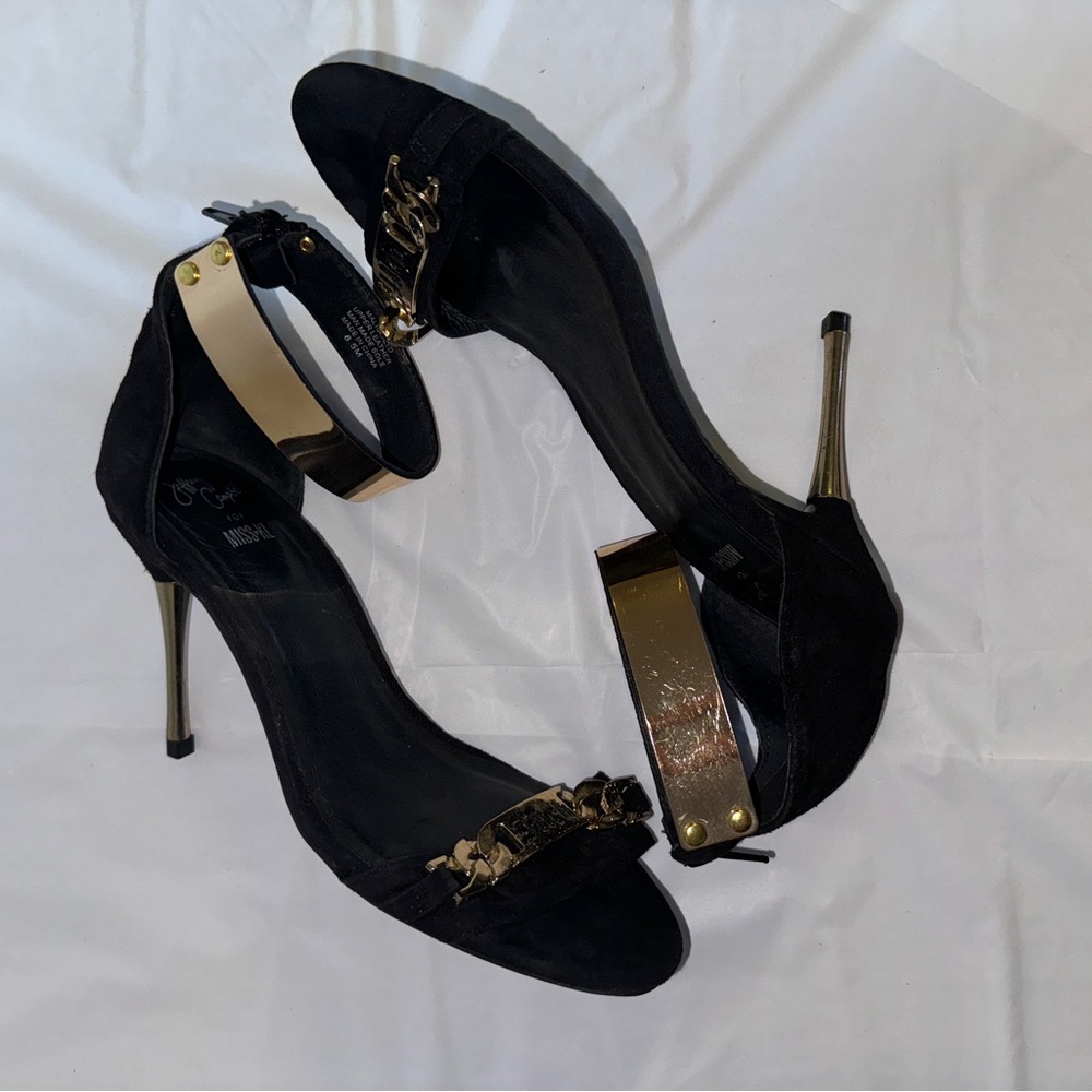 Jeffrey Campbell Malice Shoe "F-u-c-k  Off" Black Suede Gold Chain Heel Size 8.5 - Picture 5 of 14